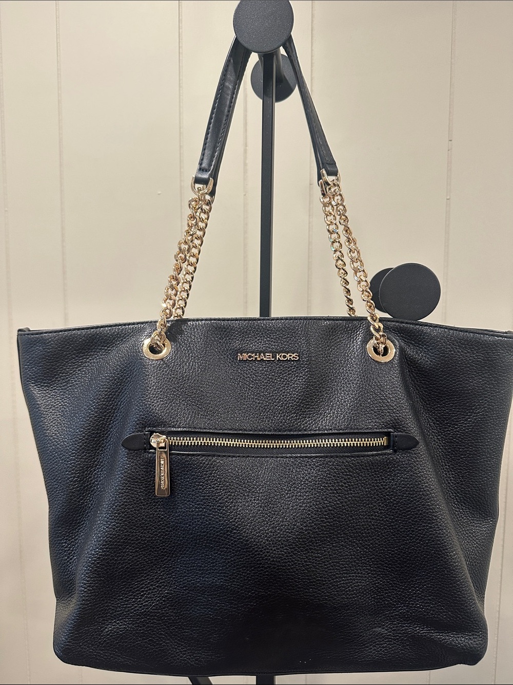 Michael Kors Black Pebbled Leather Tote with Gold Chain Straps